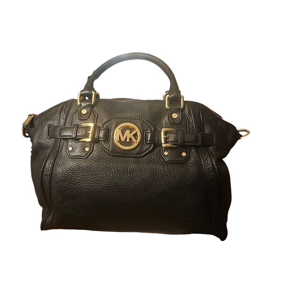 Michael Kors Bedford Black Pebbled Leather Satchel Gold Hardware Handbag